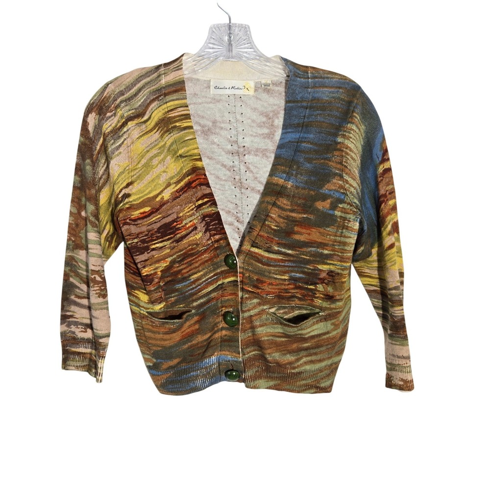 Charlie & Robin Abstract Print Cardigan‎ Sweater Green Button Front Women's S